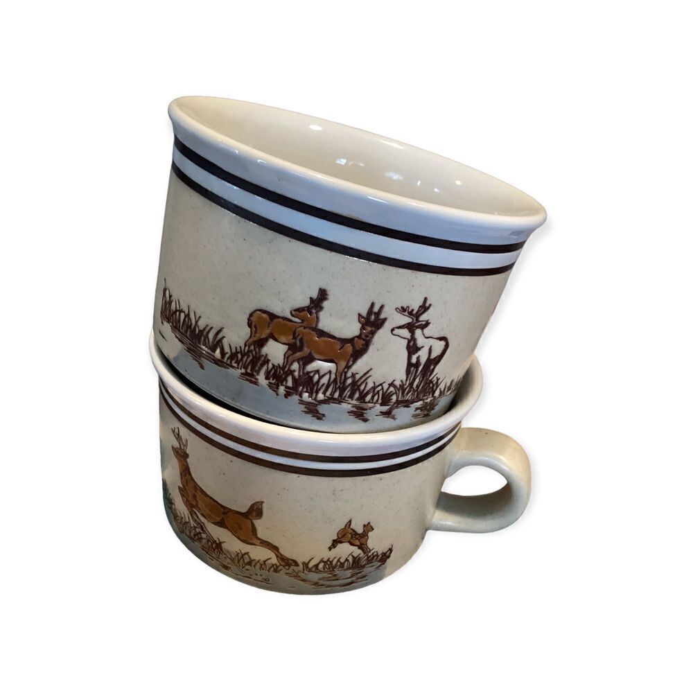 Vintage Set Of 2 Reindeer Mugs Soup Cups